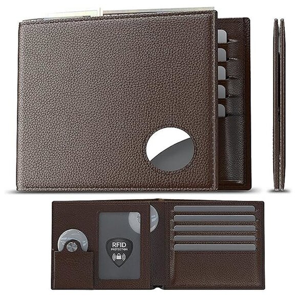 Mens Leather Wallet with AirTag Holder: Hidden Pocket , Brown